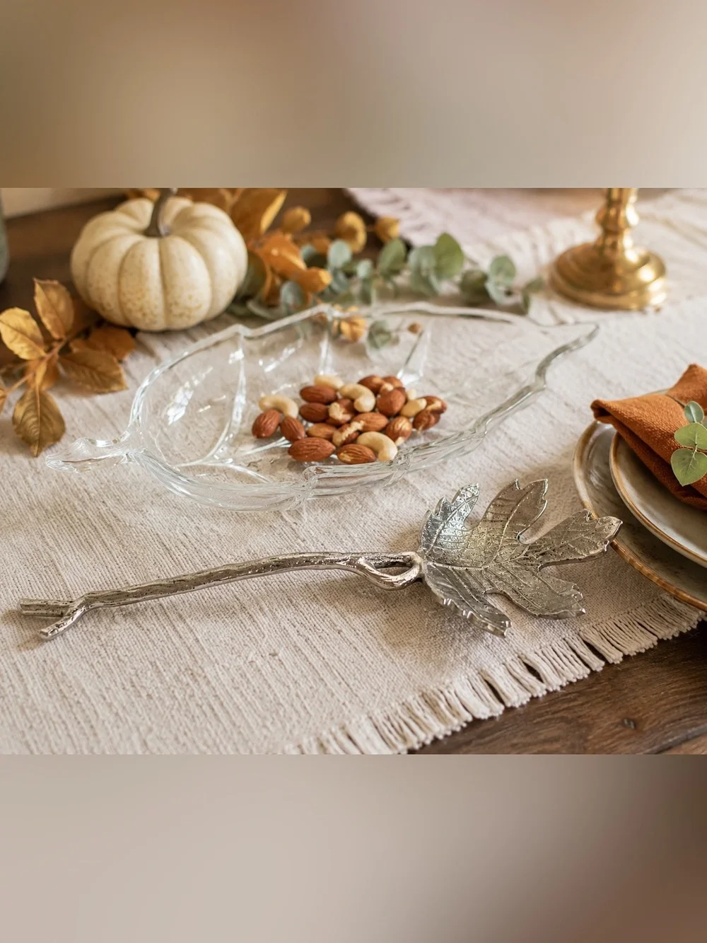 Glass Leaf Serving Dish & Silver Branch Server Fall Thanksgiving Decor